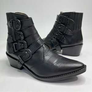 TOGA Pulla Black Leather Western Metal Buckle Ankle Boots Festival Booties